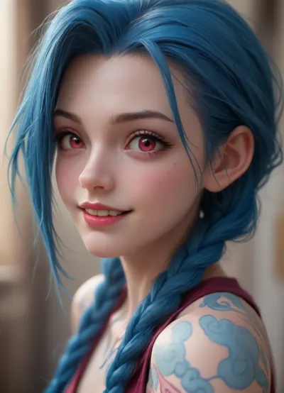 portrait of Jinx from League of Legends, Long dark blue hair, braided ponytail, red eyes, crazy smile, tattoos, cute, small nose, athletic body, view from side