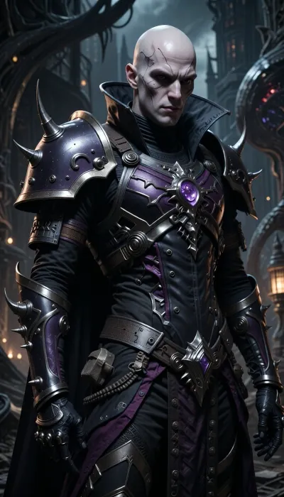 Male Drukhari commander from Warhammer 40, 000, lithe and tall with pale alabaster skin, sharp angular features and a sinister expression. Wearing dark, sleek, gothic-style armor with spiked and barbed decorations, intricate detailing, and dark metallic colors with purple and black hues. The armor is lightweight but menacing, showing advanced alien technology and cruel aesthetics. The commander is unhelmeted, revealing a sharp, cunning face with piercing eyes. Background is a dark, twisted cityscape of Commorragh with eerie lighting and alien architecture. Style is realistic, dark sci-fi with high detail and dramatic shadows.