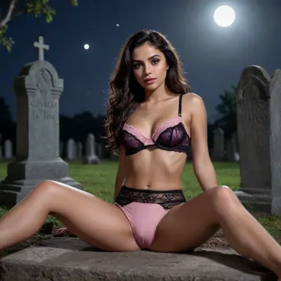 realistic shoot, 4k, high details on textures, (young), arabian girl, black soft skin, slim, small chest, brown eyes, makeup, long black wavy hairs, black and pink tight panties and bra, lying, one leg up, in graveyard, night, moon background