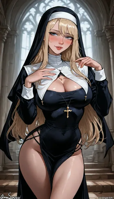 Score_9, score_8_up, score_7_up, ((aroma sensei art style:1.6)), nun, solo, cathedral, very sexy pose, blonde, long hair, (shy pose, horny shy expression:1.4), ((hq textures)), high contrast, (dramatic lighting:1), lineart, line, art, flat, colors, color, <lora:outline_xl_kohaku_delta_spv5x:1.2>, <lora:EnvyBeautyXL02:.4>, <lora:lineartSDXL:.9>