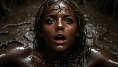 Ultra realistic photo, exhausted young African beauty, flat athletic body, very beautiful, very angry face, wide open eyes, very dark tan, many tentacles fucking attack, open testicles, wide open mouth, head up, deep blood scars, (very close-up view from below:1.9), (reclining deep inside very deep mud, body covered in many mud, loincloth covered in many mud, tentacles gang bang, many very big tentacles plants with many big leaves wrapped very tightly around neck, strangle neck tightly, many stinger roots with leaves, assimilation:1.3), short dirty very messy hair on face, <lora:MJ52:2>, <lora:attractive_notrigger:.3>, <lora:dark:.1>, very deep inside mud, <lora:MJ52:.8>, <lora:uberfit_lora_sdxl:.3>