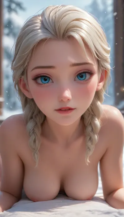 Anna from frozen, looking at viewer, prone bone, biting lip, 20yo, side_light, (the landscape of iceland:.3), 1girl, white hair, snowing, (overfit style:1.3), sweat, hanging breasts, (masterpiece, best quality, ultra high res:1.2), (beautiful face, exquisite face, skin texture:1.2), <lora:princess_xl_v2:1.4>