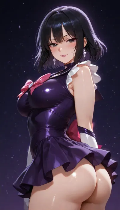(((delicious ass cheeks))), (((brightly lit image))), pink bow in back, 25 year old slut bitch girl of your dreams, glistening purple sweetie wife with toned firm body, ((Sailor Saturn)), medium skirt, ((highly detailed face, dark eyes, lipstick)), ((costume cosplay sailor saturn dress purple satin and lace slut wife)), 38BB medium breasts, slight cleavage, slut wife, subtle smile, side pose pop hip to side, (goth:.9), (cute starry cosmic background)