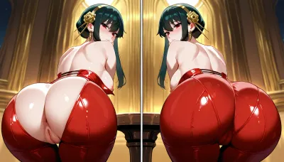 yor forger, in a bunny suit, pussy fully visible, breasts fully visible, nipples fully showing, back view, yor_briar, red_eyes, black_hair, gold_hairband, hair_flower, bangs, hair_between_eyes, short_hair_with_long_locks, <lora:yueerfujiex_xl:.8>