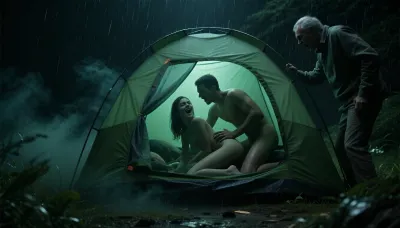 Fantasy setting, cgi Render with imperfections saturated deeply in ultra dark green colors Style, The scenario is enveloped in the deepest darkness imaginable, Technically the entire image is going to dark black while being underexposed by 3 stops, filled with dark thick, swirling dark green steam and dust that obscures every surface, The air is heavy and thick, and no ray of light penetrates the suffocating haze, night on camping side, Any depiction of skin features an ultra dark green shadow on pale skin, in the darkness, no light lit the skin. The individuals can be made out only as detailed shapes in the dark, Ultra-realistic cinematic documentary realism, nighttime camping scene during a violent rainstorm, exterior view of a single camping tent, the camera is positioned directly in front of the tent, the entrance is completely closed with a semi-transparent tent door, through the closed entrance the soft silhouette of a joyful adult couple inside the cozy tent is visible is having joyful sex from behind, The nude 24 year old woman is on all fours while her nude husband, 30 years old, pounding her from behind, husband firmly gripping her hips with his hands, They are passionate, they are loud, they moan, they enjoy their time together, A helpful man, 50 years old, unsettled by the screams, goes to check on things, he is only slightly visible and partly obscured behind the tent, just the silhouette of the man visible, wears soaked wet clothes