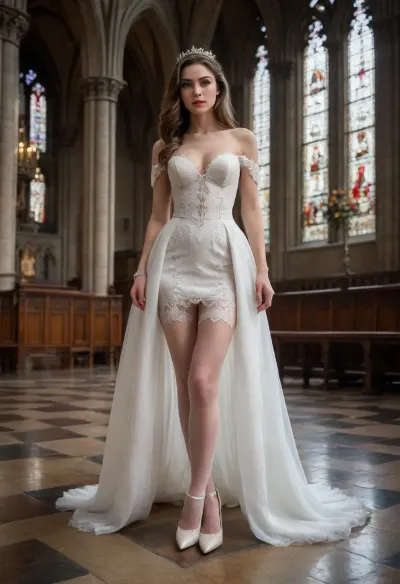 woman, cathedral interior, elaborate abbey, absurd opulence, stone floor, sh0rtj3w3lw3ddr3ss, elbow gloves, wedding dress, pantyhose, see-through, full body photo, head to toe photograph, elegant, long legs, tall, absurdly beautiful, delicate, intricately detailed gown, detailed thighs, white high heels, high heeled shoes, wedding flowers, skirt lift, remarkable color, (ultra realistic), textured skin, remarkable detailed pupils, realistic dull skin noise, visible skin detail, skin fuzz, dry skin, shot with cinematic camera, masterpiece, best quality, absurdres, beautiful, aesthetic, detailed