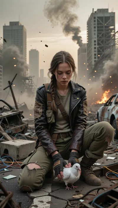 Hyper-realistic wide-angle cinematic portrait shot on heavy 35mm film grain, set within a vast, hostile post-apocalyptic urban wasteland under a crushing, toxic ashen sky. Masterpiece composition with flawless technical precision. The atmosphere is heavy with dense smog, chemical dust, and distant smoke plumes, with glowing dust motes floating through the space, illuminated by a pale, veiled sun and the flickering light of faraway fires. A young woman in her early twenties, surviving in this harsh wasteland, is kneeling upon cracked, buckled asphalt heavily eroded and littered with rusted, gutted car frames, burnt-out vehicle chassis, collapsed concrete slabs with exposed twisted rebar, scattered broken glass, and tangled copper wiring. Her entire focus is on her hands, central to the composition and locked in razor-sharp focus. She wears distressed, fingerless tactical gloves made of dark, worn leather with reinforced knuckles, travelling only her stocke, calloused fingertips, with perfect anatomy. Her gloved hands gently cup a stark white domestic dove. Her survivor attire features a functional, scavenged Mad Max and Fallout aesthetic, a worn dark brown leather biker jacket heavily patched with coarse canvas and tarnished brass rivets, over a faded thermal knit shirt and a rugged utility harness fitted with small pouches. She wears heavily faded olive-drab canvas cargo trousers, shredded at the knees and stained with old oil and dried mud, tucked into heavy scuffed combat boots wrapped in cloth bindings. Her dirty auburn hair is loosely woven into a messy braid with stray strands framing a remarkably expressive face streaked with soot, and dust. Her expression is a quiet mixture of reverence, exhaustion, and hope. The background features towering concrete skyscrapers standing as hollowed-out skeletal husks with shattered windows and twisted metal frameworks. The scene is bathed in dramatic, ominous light filtering through heavy haze, casting harsh shadows across the woman's face, her rugged clothes. Shot with a prime lens at f/2.8, creating a volumetric depth of field where the crumbling cityscape melts into soft background bokeh while keeping the woman, her gloved hands, and the fluttering dove in razor-sharp, flawless detail.