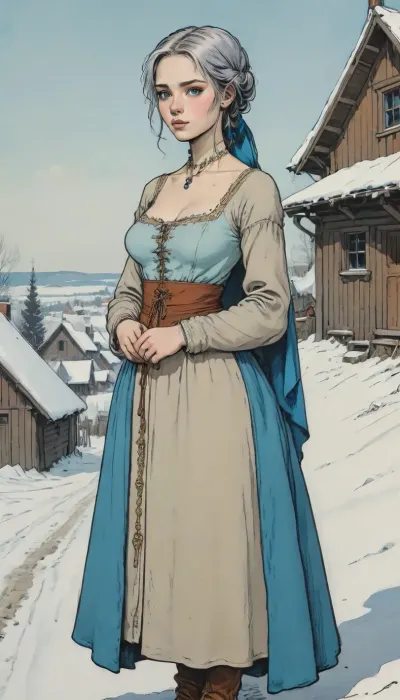 (detailed drawing with clean lines and meticulous shading, flat colors, line art, no gradients), young slavic beauty, bright blue eyes, ash-coloured hair, gorgeous figure, 16th century Russian dress, (full-bofy view), (fantasy art, artwork), in winter, medieval russian village, <lora:Moebius (Jean Giraud) Style:1.5>, <lora:outline_xl_kohaku_delta_spv5x:2>, <lora:lineartSDXL:.5>, <lora:sketch_it:2>