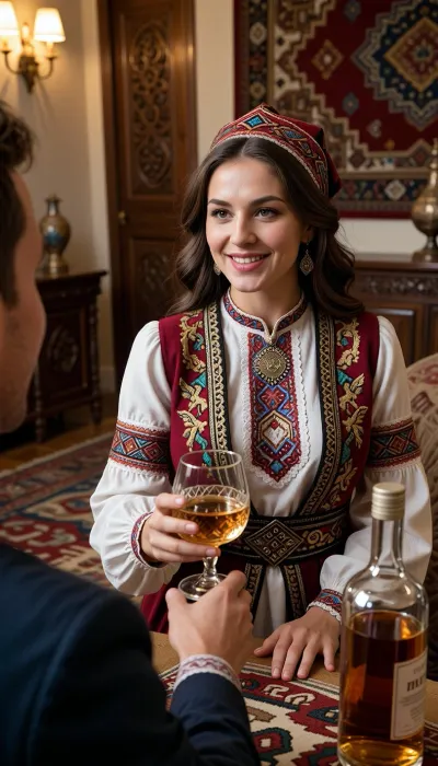 Photo realistic composition, ultra-realistic, highly detailed, warm atmosphere, 8K, shallow depth of field.

This is a vibrant Armenian woman wearing traditional Armenian-inspired clothing warmly welcomes a guest by giving a glass of premium Armenian cognac. She smiles at her guest with genuine hospitality inside a cozy, elegant room featuring Armenian rugs, carved wooden furniture, and soft golden lighting. There is a bottle of cognac on the table. Rich colors, authentic cultural details, crystal cognac glasses