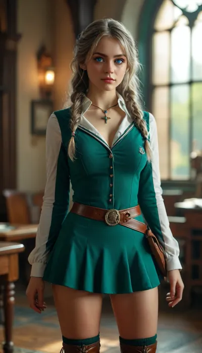 Wizard School, (warm ambient light:.5), (shadows:.4), 8k, best quality, (masterpiece), (intricate details), perfect eyes, perfect face, perfect lighting, beautiful, high detail, octane render, detailed eyes, (full-body shot), (sexy female wizard student), green silver school uniform, boots, black eyeliner, deep cleavage, large breasts, no panties, JS_ShortSkirt, bright, blue, eyes, <lora:MJ52:.8>, <lora:Portrait_perfection:.8>, <lora:bright_blue_eyes:.8>