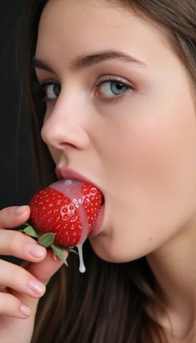 A Photograph of a 25yo beautiful girl with Grey eyes. She eats a strawberry, ((strawberry is topping with sperm:1.1)), sperm dripping, Side View., ((A cock ejaculating of the strawberry)), .
