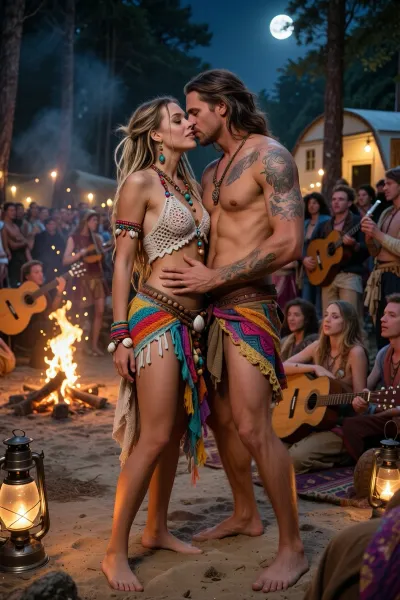 Ultra realistic cinematic night photography, of a magical bohemian festival in a forest clearing, with a timeless 1970s free spirit atmosphere. Absolutely no modern tech, no vehicles, no electric lights, only candlelit lanterns, oil lamps, campfires, glowing embers, extreme low light, warm fire glow, mixed with faint moonlight. In the foreground, the wife, 23 years old, has long blonde dreadlocks, brown eyes, sun kissed skin, slim athletic figure, long legs, high cheekbones, natural beauty, captivating smile, and a handmade friendship bracelet of colored threads, shells, wooden beads. The husband, 26 years old, muscular and well built, has long brown matted hair past his shoulders, light stubble, expressive eyes, distinctive tattoos across one shoulder and both forearms. They stand close together, touching tenderly, kissing lovingly, relaxed and confident. Their colorful, sensual outfits burst with psychedelic patterns, crochet textures, fringes, beads, flowing scarves, open linen, handmade jewelry, barefoot on soft ground. All festival guests are adults, positioned around them in layered depth, openly watching with full attention. The wife and husband share a playful, free-spirited confidence, clearly comfortable being admired by the surrounding adult festival guests, expressing affection openly as part of the celebratory atmosphere, no secrecy. Behind them, people dance around fires, play acoustic guitars, violins, flutes, hand drums. Decorated horse-drawn caravans stand between trees. Sparks rise into smoky air, ultra-detailed skin, realistic fabric structure, cinematic depth, The wife is on her hands and knees in the sand while her husband takes her vigorously from behind, husband is kneeling right behind wife's thrusting pelvis, His hard thrusts make his wife moan out in pleasure, while, husband pounds his wife from behind, husband firmly gripping her hips with his hands, the couple enjoy their exhibitionistic behavior in public, completely aware of the surrounding audience, The audience simply arouses the couple even more, the couple is surrounded from all sides by many festival guests, Their clothing reflects an authentic bohemian lifestyle with flowing linen garments, barefoot on the soft forest ground. Behind them unfolds a vibrant celebration attended exclusively by adults, with hundreds of unique festival guests, every individual visibly different in age, hairstyle, facial features, body type and handmade clothing. Some dance around glowing campfires, others play acoustic guitars, flutes and hand drums, while groups relax, laugh, converse and enjoy the evening. Beautifully decorated horse-drawn caravans stand between the trees. Rising smoke, drifting clouds and faint moonlight create remarkable depth. Ultra detailed skin textures, lifelike fabric structure, cinematic composition, HDR, masterpiece, extraordinary realism, ultra photorealistic, natural color grading, 8K.
