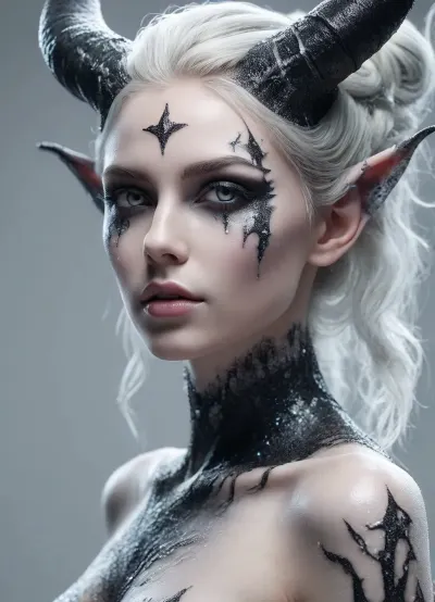 (face close up, portrait:1.2), grey background, a dark demon girl with black horns, (pitch black eyes, cosmic black:1), bright bleach white tips hair, well lit, very skinny, nude, cosmic pattern on skin, FRESHIDEAS, Devil, girl, SnowStyle, <lora:BD1.1-000009:1.7>, <lora:FRESHIDEAS Devil girl:1.9>, <lora:SDXLFestiveSnow:1.2>