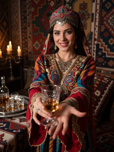Professional photograph depicting perfect warmth beauty and cultural richness. sharp focus on face and hands, fingers visible, standing beautiful Armenian woman in vivid colorful traditional taraz dress, richly embroidered red gold blue green fabric, ornate headdress with coins, graciously extending both hands offering a crystal glass of Armenian cognac toward camera, warm welcoming smile eyes meeting viewer, on side background there is a silver tray with cognac glasses and cognac bottle visible, traditional Armenian interior, handwoven kilim carpets covering walls, warm golden candlelight casting amber glow, rich jewel tone color palette, shallow depth of field sharp focus on face and extended hand, natural fingernails, detailed hand anatomy, cinematic warm intimate atmosphere
