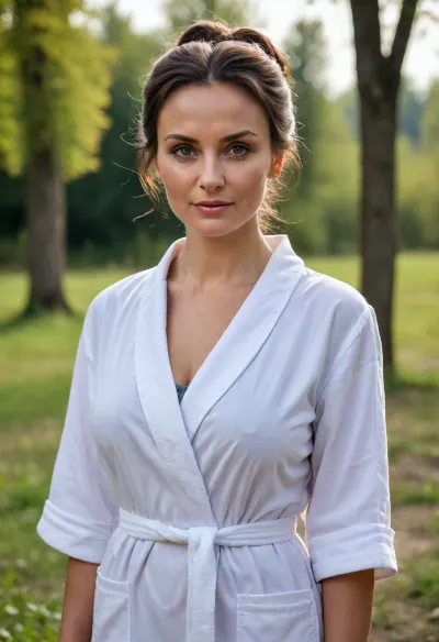 country medical in Russian village, mature, 40 years old, Slavic face, high cheekbones, slightly slanted gray-green eyes, dark brown hair pulled back into a messy bun at the nape of her neck, few stray strands framed her face, slightly disheveled but more attractive appearance, short white medical robe fit her perfectly emphasizing her wide hips and huge breasts, outdoors, ((full-body view))