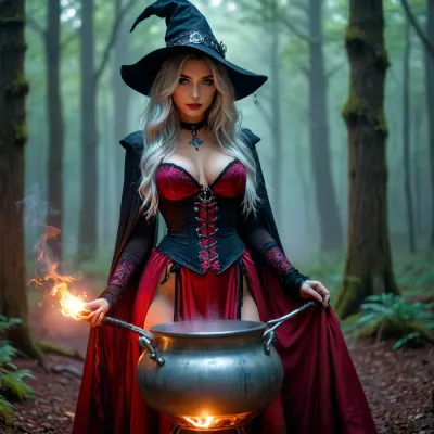 Wizard School, Neon punk style, 30 year old witch. Sensual seductress. Standing behind a cauldron in a dark and foggy enchanted forrest. Extreme fantasy forrest, mystical. She is wearing a sexy red satin corset dress, black wizard cloak, black pointed wizard hat, beautiful seductive eyes, long silver hair, <lora:attractive_notrigger:1.5>, <lora:BUT_SDXL_SHS:.9>, <lora:RMSDXL_Darkness_Cinema:.1>, <lora:Vivid Midjourney mimic - XL SDXL v2.0:1.5>, <lora:WildcardX-XL-Detail-Enhancer:1.6>