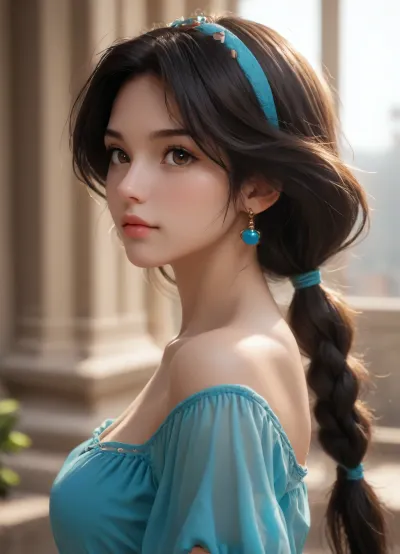 portrait of Princess Jasmine from Aladin, Long voluminous jet-black hair, low ponytail, brown eyes, cute, small nose, athletic body, view from side