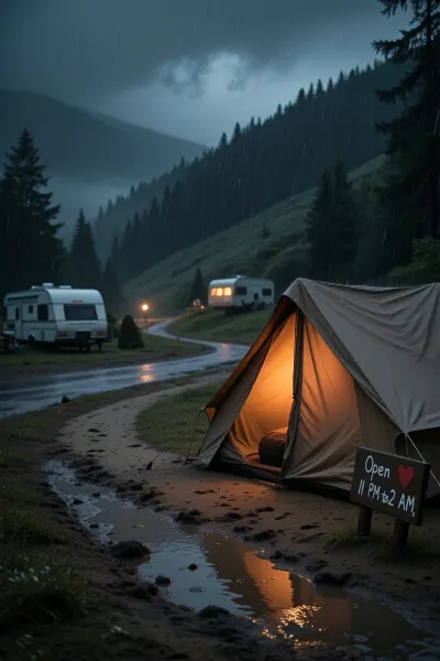 Masterpiece, ultra-realistic cinematic night photography, an isolated campground among rolling forest hills, a dark stormy night with heavy rain falling through dense cold fog, visibility limited, deep crushed blacks, puddles faintly shimmering. A narrow winding sandy campground path is now muddy with deep footprints and rain-filled ruts, no paved road. The terrain gently slopes, hinting at rolling hills. Caravans sit quietly on individual plots, fading into fog and rain, with one or two extremely faint warm window lights glowing in the distance. In the foreground, a single triangular A-frame tent viewed from the side, entrance fully closed and perfectly sealed. It has exceptionally thick blackout canvas that never becomes translucent. The camera cannot see through the fabric. The occupant is entirely hidden. Inside the tent a faint, warm orange glow is more pronounced, casting a soft diffused light that gently illuminates the canvas, the muddy ground immediately around it, and a small rustic hand-painted wooden sign planted in the wet sand displaying the handwritten text "Open 11 PM to2 AM, " with a small simple hand-painted red heart beside the text. The sand is damp and dark, reflecting faint warm highlights from the tent's orange glow. Rain continues to fall, visible in the air and collecting on surfaces, enhancing the cozy contrast between the harsh weather outside and the comforting warmth within.