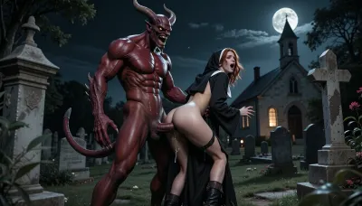 The scene shows an old cemetery with an little church in the background. It's night. The full moon stands high in the sky. A gigantic, diabolical creature from hell with dark red skin and two horns on his forehead stands on the cemetery and holds a pretty nun with disheveled red hair, her habit tattered, in the tight grip of his both claws. Her feet are not touching the ground. His enormous penis penetrates the nun's anus deeply. Saliva drips copiously frome his predator teeth onto her bare back. She screams, weeping with terror and pleasure. The camera shows the scene in total in a wide shot.