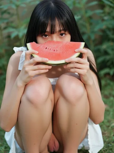 Young asian girl, long straight black hair with bangs, white slip dress with shoulder bow straps, squatting in outdoor green plants and grass, holding a red strawberry in front of face with both hands, fresh soft forest natural light, subtle film grain, shallow depth of field, fair matte skin. The reproductive organs are clearly visible, and the reproductive organs should not be blurred or unclear. Focus on the face and vagina. full face visible, watermelon not covering mouth

dim indoor ambient light, soft dark warm tone, film photography texture, character pose composition exactly same as reference image.

Pure young East Asian girl with full face visible, long straight black hair with neat bangs. The face is clearly visible. Fair smooth skin without dullness or greasy shine, full thighs exposed, inner thigh root uncovered.

legs tightly closed, labia invisible.

The vulva and surrounding tissues have light pink natural skin and mucosal colors, without deep red or purple-red colors. The visualization shows fine skin texture, soft mucosal qualities, and natural moist surface appearance.
The mons pubis is represented as a soft skin and subcutaneous tissue structure with natural skin texture and smooth contours.
The labia majora are represented as relatively small, smooth external skin structures with simple soft contours, delicate surface texture, and no prominent folds or raised patterns.
The labia minora are represented as thin, soft mucosal structures with a smooth delicate surface, subtle natural texture, and gentle moist shine.
The clitoris is shown as a clearly identifiable anatomical structure with a defined contour, smooth surface, natural mucosal texture, and soft gloss, clearly separated from surrounding structures.
The vestibule is represented as a smooth mucosal area with a moist surface and soft reflections, showing clear anatomical features.
The external urethral orifice is represented as an independent and clearly visible opening structure with defined boundaries and a natural rounded contour, not appearing blurred or hidden.
The vaginal introitus is represented as a soft mucosal structure with smooth margins, a clear opening contour, a naturally rounded lower curve, and a moist surface with soft shine.
The greater vestibular gland openings are represented as subtle small anatomical structures with smooth surfaces, naturally integrated with surrounding mucosal tissue.

One shoulder strap slides down upper arm. Breasts are completely exposed and covered by clothes. Plump breasts. Small areola. and the nipple is small and three-dimensional. The areola is small and close to the nipple.