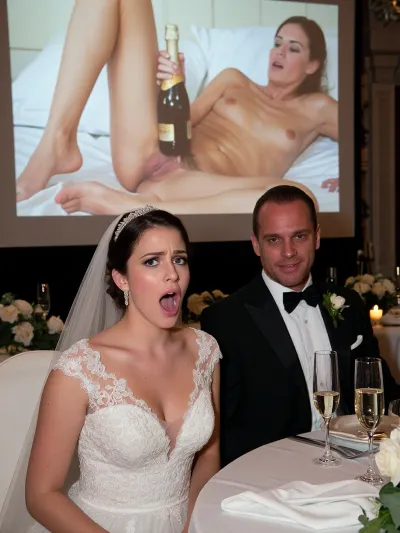 (ultra realistic photo:1.3), 8k UHD, (highly detailed:1.2), sharp focus, professional photography, cinematic lighting, raw photo, Fujifilm XT4, (detailed skin pores, hyper-realistic skin texture:1.2), medium photot. A beautiful bride in a white lace wedding gown, deep V-neckline, sheer veil, and sparkling tiara, (expression of horror and intense embarrassment, wide eyes, open mouth:1.2), . Beside her, a groom in a black tuxedo and bow tie, (smug expression, smirking, pleased:1.2), . They are seated at a wedding reception table with white linen, champagne glasses, and floral centerpieces. In the background, a, (large projection screen:1.3), clearly displaying a, (detailed explicit nude photo of the same bride masturbating with champagne bottle inside wet pussy on a bed, exposed pubic hair, intimate pose:.4), . Warm ambient reception lighting, shallow depth of field, bokeh background, high dynamic range, photorealistic, (intricate lace details, fabric textures:1.1), 8k resolution, masterpiece, highly defined features.