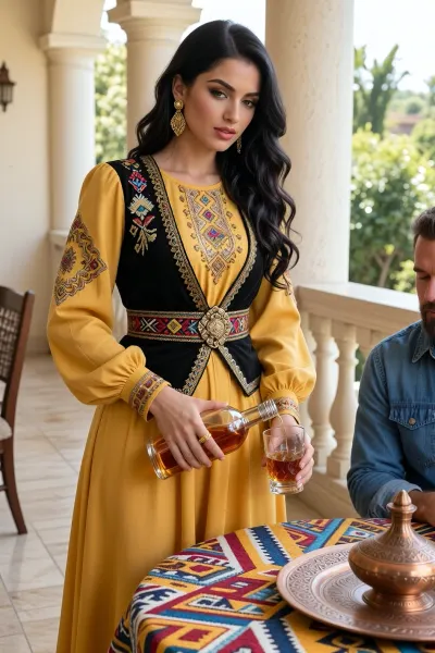 A photorealistic scene, A young Armenian woman with long, black, wavy hair, wearing makeup and large gold earrings, is dressed in a long yellow dress with traditional embroidery on the chest and sleeves. Over it, she wears a traditional black elak adorned with embroidery and cinched with an embroidered goti sash. She is standing on a light-colored veranda with white columns and a balustrade, pouring amber cognac from a glass bottle into a glass held in her left hand for a guest. In the foreground is a round table covered with a brightly embroidered tablecloth featuring a geometric pattern, on the table is traditional embossed copper tableware. A man is partially visible nearby—a bearded man in a blue denim shirt. Bright daylight, lush greenery in the background, highly detailed clothing and fabrics, cinematic lighting, an ultra-detailed image, a masterpiece. Sunny daylight, ultra-detailed, masterpiece