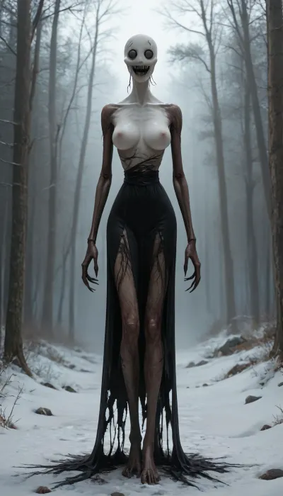 Slenderman female monster from horror movies, long legs, long arms, thin waist, large breasts, against the backdrop of a dense forest, thick fog, first snow., XDDFace, creepy, smile, x-eyes, fanged, sewn, <lora:XXD_Face:.8>