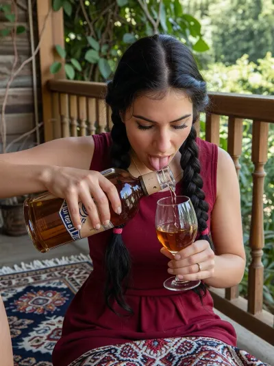 A colourful Armenian woman on a veranda, with typical Armenian features and a distinctive nose, hospitably pouring Armenian cognac into a guest’s glass, a dynamic moment of movement, vivid emotions, a cosy veranda with greenery and a hand-woven rug, a close-up shot, cinematic lighting, photorealism.