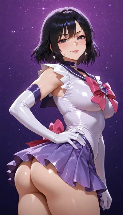 (((delicious ass cheeks))), (((brightly lit image))), pink bow in back, 25 year old slut bitch girl of your dreams, glistening purple sweetie wife with toned firm body, ((Sailor Saturn)), medium skirt, ((highly detailed face, dark eyes, lipstick)), ((costume cosplay sailor saturn dress purple satin and lace slut wife)), 38BB medium breasts, slight cleavage, slut wife, subtle smile, side pose pop hip to side, (goth:.9), (cute starry cosmic background)
