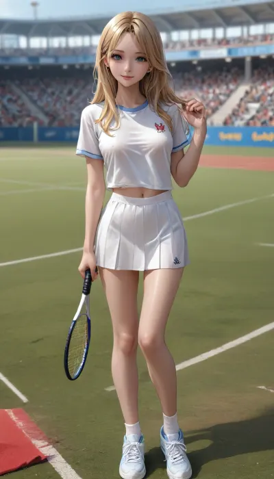 (in tamada heijun art style), soviet sexy sport activist, German by nationality, (22yrs, adult), pretty gold blonde in tennis field wearing skinny white t-shirt and short tennis skirt, carefree smile, nipples pokies, short stature, fit slim body, long hair, the USSR times, Soviet style, the soviet era, USSR epoch, full-body view, <lora:photorealistic_portrait_notrigger:2>, <lora:WildcardX-XL-Detail-Enhancer:2>, <lora:Adjust_SDXL_v3.0:2>, <lora:CinematicStyle_v1:2>, <lora:attractive_notrigger:.6>
