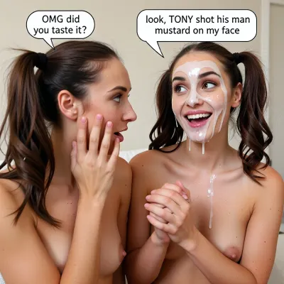2 adult women talking to each other sitting side by side, 1 curious fascinated touching friend's face "OMG did you taste it?", 1 happy with "look, TONY shot his man mustard on my face" speech balloon dripping face covered in gallons of white gooey sperm, micro tiny waist, twintails, big wide eyed smile, eye roll, holding hands, freckles, perfect faces, fit bodies, brown hair, naked