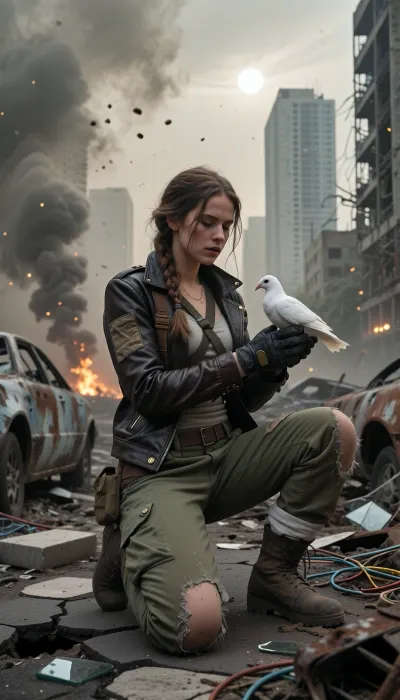 Hyper-realistic photography on heavy 35mm film grain, set within a vast, hostile post-apocalyptic urban wasteland under a crushing, toxic ashen sky. Masterpiece composition with flawless technical precision. The atmosphere is heavy with dense smog, chemical dust, and distant smoke plumes, with glowing dust motes floating through the space, illuminated by a pale, veiled sun and the flickering light of faraway fires. In a post-apocalyptic city, a young woman, surviving in this harsh wasteland, is kneeling upon cracked, buckled asphalt heavily eroded and littered with rusted, gutted car frames, burnt-out vehicle chassis, collapsed concrete slabs with exposed twisted rebar, scattered broken glass, and tangled copper wiring. Her entire focus is on her hands, central to the composition and locked in razor-sharp focus. She wears distressed, tactical gloves made of dark, worn leather with reinforced knuckles. A pristine white domestic dove has alighted on one of her gloved hands. Her survivor attire features a functional, a worn dark brown leather biker jacket heavily patched with coarse canvas and tarnished brass rivets, —worn over a faded thermal base layer and a rugged utility harness equipped with small pouches. She wears heavily faded olive-drab canvas cargo trousers, shredded at the knees and stained with old oil and dried mud, tucked into heavy scuffed combat boots wrapped in cloth bindings. Her dirty auburn hair is loosely woven into a messy braid with stray strands framing a remarkably expressive face streaked with soot, and dust. Her expression is a quiet mixture of reverence, exhaustion, and hope. The background features towering concrete skyscrapers standing as hollowed-out skeletal husks with shattered windows and twisted metal frameworks. The scene is bathed in dramatic, ominous light filtering through heavy haze, casting harsh shadows across the woman's face, her rugged clothes. Shot with a prime lens at f/2.8, creating a volumetric depth of field where the crumbling cityscape melts into soft background bokeh while keeping the woman, her gloved hands, and the fluttering dove in razor-sharp, flawless detail.