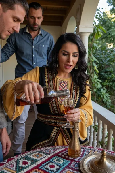 A photorealistic scene, A young Armenian woman with long, black, wavy hair, wearing makeup and large gold earrings, is dressed in a long yellow dress with traditional embroidery on the chest and sleeves. Over it, she wears a traditional black elak adorned with embroidery and cinched with an embroidered goti sash. She is standing on a light-colored veranda with white columns and a balustrade, pouring amber cognac from a glass bottle into a glass held in her left hand for a guest. In the foreground is a round table covered with a brightly embroidered tablecloth featuring a geometric pattern, on the table is traditional embossed copper tableware. A man is partially visible nearby, leaning forward and watching the pouring, in the background is a bearded man in a blue denim shirt. Sunny daylight, lush greenery in the background, highly detailed clothing and fabrics, cinematic lighting, ultra-detailed, masterpiece