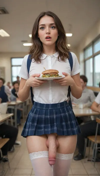 Beautiful, 26 year old, super big thick swollen enormously oversized veiny penis futanari in a crowded school cafeteria, standing in the busy cafeteria holding a lunch tray with food, in view of her classmates, her classmates looking at her, stockings, ryanair, super uber big low hanging veiny penis, large heavy low hanging testicles, students walking to class in the background, cum overflowing, cumshot, cum explosion, cum dripping, cum covered, upskirt, short mini skirt, perfect beautiful face, pretty model face, long eyelashes, luscious lips, freckles, blushing cheeks, petite body, long hair, braless, carrying a backpack, Wearing, clothes, that, make, sense, with, Braless>, shocked and embarrassed facial expression, nonplussed, Object, gd, erection, sex, toy, penis, large, <lora:bralessSDXL_v1_00022:2>, <lora:shocked:1.1>, <lora:Penis_XL:2>, <lora:futanari_XL:2>