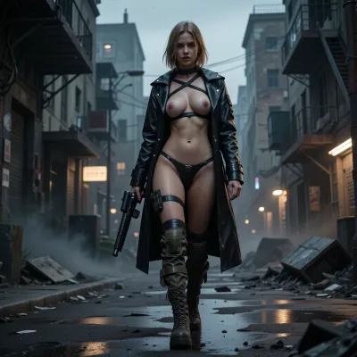 Front view, third person view. Background is apocalyptic post punk city block. A stalker girl walking down the street. She is wearing a long leather coat, a small leather bra, a leather bikini, heavy military boots., (Big natural boobs), . a shotgun in her hand. Low light, dusk, mist.