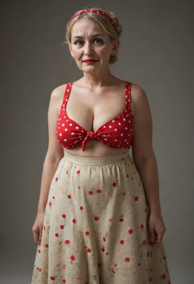 ((((kurdish granny)))), blonde hair bun, (((wrinkles, age marks, textured skin in the face, skin details, big eyes))), red lipstick, moles, poppy ears, curvy body, wide hips, thick thighs, wearing long flying skirt, and a red polka dot blouse, ((medium size boobs, huge large areolas barely visible in her cleavage)), ((very saggy boobs)), veiny boobs, heavy boobs, side back view