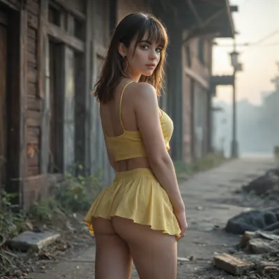 view from rear, ultrarealistic, photoshoot, 4k, epic details, 23yo, cutie, dark hairs, fringe haircut, yellow flowered summer top, no bra, round tits, golden earrings, makeup, withe mini skirt, smooth sunrise lighting, fog on the ground, lifted skirt, ass visible, in abandoned town