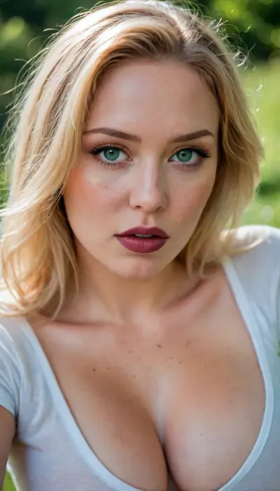 extremely hot blonde, (high angle:1.2), freckles, brown lipstick, (very full lips), (Giant saggy boobs), white t-shirt, green, eyes, blue, brown, perfecteyes, <lora:PerfectEyesXL:.8>