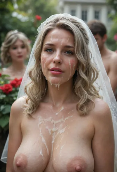 woman, Image of, beautiful, seductive, in living public wedding ceremony in garden, (extreme facial bukkake:1.5), covered in cum, (cum on face:1.33), masterpiece, best quality, perfect lighting, cellulite body mature, platinum blonde long wavy hair under white veil, (french bride:1.23), cum, facial, dripping