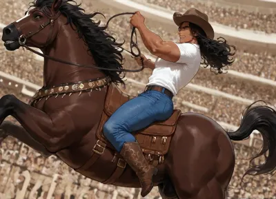 score_9, score_8_up, score_7_up, 1boy, bara, brown skin, long hair, curly hair, black hair, handsome face, gay male focus, Latino, muscular body, huge tits, huge ass, body hair, hairy, bronc riding sport, jumping, rearing, stallion, big horse, big balls, black horse, angry horse, wild horse, ((bronc riding)), cowboy, cowboy hat, cowboy boots, jeans, button up shirt, holding on, wild ride, holding reins, yeehaw, (rodeo), rodeo arena, action, intense, high quality, clean lines, dynamic, competition, spectators, crowd, half_front_view, <lora:RideHorse.0.9:1.3>, <lora:Handsome_Male_models_v2:2>