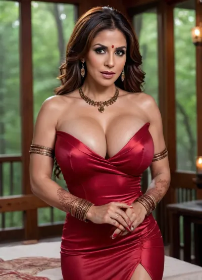Gorgeous Indian milf, 40 years old, thick, mature, muscular, huge round boobs, glamorous diva milf, 40 year old, bimbo, luxury, sexy revealing long shimmery satin crimson dress, (forearms covered with bridal bangles, henna dyed hands, angry, topless, thick, intricate stylish tied up hairstyle, wide mouth:1.4), hands in hair with an orgasmic expression on face, brunette streaked hair, wood cabin, standing in the balcony, dense rainforest, (date night, candle light, sitting at a dinner table:1.1), scared look, high quality, 4k, ultra realistic, portrait, Bokeh, large, big, boobs, huge, tits, huge cleavage, a, balloon boobs, in, <lora:bombshell_v2:2>, <lora:bboobs-000005:.8>, dress, xinggan1, linger, <lora:xinggan1_XL_reg0_-000004:.8>