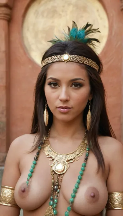 Features, Dark brown, straight hair styled with feather ornaments, golden brown skin, medium-sized bust with a perfect shape, highlighted by solid gold jewelry and green stones. Atmosphere, Backgrounds with ancient geometric designs, terracotta and jade tones, light that mimics the strong sun of the highlands. An air of royalty, mystery, and a sensuality reminiscent of fertility goddesses.
