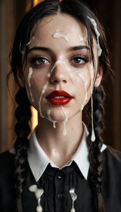 detailed closeup, facing camara, 1 girl solo, spooky moonlit mansion in distance, (intricate detailed Wednesday Addams face), intensely proud expression, (huge dark eyes with detailed black iris:1.2), dark blood red lipstick detailed high collar buttoned black gothic top, very long very thick black braided high pigtails hair, several strings of thick lumpy cum splashed across her face, (after extreme bukkake:1.5), cum on hair, (cum on high pigtails:1.3), high detail, sharp focus, perfect lighting, awesome, dslr, 4k high quality. extra detail, extra sharp, magical, perfect moment, natural skin, pores, (young), ohwx, woman, <lora:ortega_sdxxxl_dh128_v1:.8>