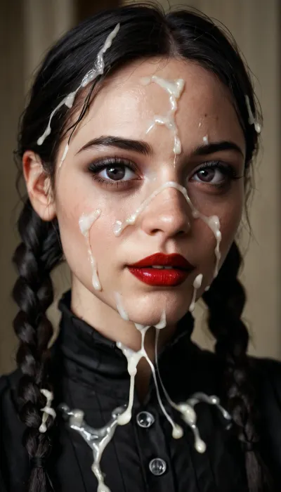 detailed closeup, facing camara, 1 girl solo, spooky moonlit mansion in distance, (intricate detailed Wednesday Addams face), intensely proud expression, (huge dark eyes with detailed black iris:1.2), dark blood red lipstick detailed high collar buttoned black gothic top, very long very thick black braided high pigtails hair, several strings of thick lumpy cum splashed across her face, (after extreme bukkake:1.5), cum on hair, (cum on high pigtails:1.3), high detail, sharp focus, perfect lighting, awesome, dslr, 4k high quality. extra detail, extra sharp, magical, perfect moment, natural skin, pores, (young), ohwx, woman, <lora:ortega_sdxxxl_dh128_v1:.8>