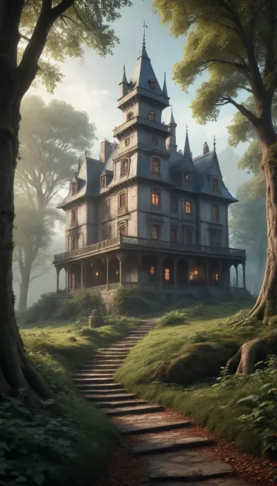 mysterious mansion in the middle of magic forest, (fantasy setting, medieval entourage, mystique atmosphere)