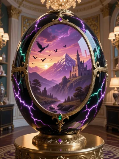 A magnificent faberge egg. Inside the eggshell is a magnificent mountain magenta sunset portrait with a flock of birds and a castle in the distance. The outside of the eggshell is shiny, glossy, obsidian black, with violet and emerald coloured lightning strikes running through and around the egg. the Faberge egg is on display on a gold podium, in a lavishly decorated showroom. With soft lights illuminating it. Utilising the best CGI rendering available. With impeccable attention to micro-detail and macro-detail. High detail, high sharpness. Golden hour. A world-class masterpiece artwork of meticulous exactitude., low-angle and wide angle shots. Neon Colour grading, fantasy matte painting, absolute masterpiece, detailed matte painting in the style of andreas rocha and greg rutkowski, in the style of Brothers Hildebrandt, superb composition, vivid fantasy art, breathtaking fantasy masterpiece. It's an absolute world-class masterpiece artwork. It's an aesthetically pleasing artwork with impeccable attention to detail and impressive composition.