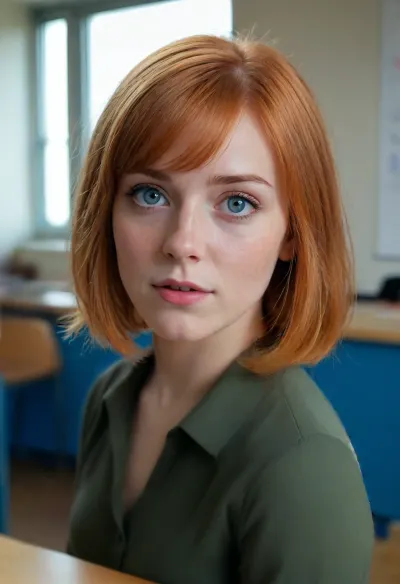 ld12, (masterpiece, best quality), warm and joyful atmosphere, (1girl), bob cut orange hairs, 2 clear blue eyes, (very:1.5), detailed face, beautiful eyes, perfect illumination, (best shadow), (realism:1.3), stand in classroom, (secretary)