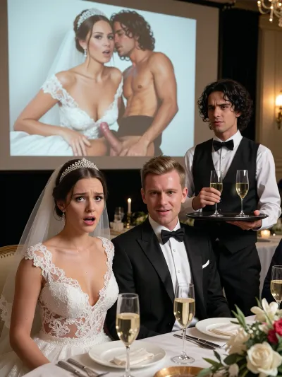 (ultra realistic photo:1.3), 8k UHD, (highly detailed:1.2), sharp focus, professional photography, cinematic lighting, raw photo, Fujifilm XT4, (detailed skin pores, hyper-realistic skin texture:1.2), medium photot. A beautiful bride in a white lace wedding gown, deep V-neckline, sheer veil, and sparkling tiara, (expression of horror and intense embarrassment, wide eyes, open mouth:1.2), . Beside her, a pale skinned groom in a black tuxedo and bow tie, blonde short hair, (smug expression, smirking, pleased:1.2), . They are seated at a wedding reception table with white linen, champagne glasses, and floral centerpieces. In the background, a, (large projection screen:1.3), clearly displaying a, (detailed explicit nude photo of the same bride has sex with a extremely handsome young waiter, he has shoulder-length curly black hair and a penis, intimate pose:1.4), the waiter, 22 years old, has a good physique and a cute face, attractive, he is well-groomed young man, The same innocent waiter with shoulder-length curly black hair stands in front of the couple in the real-life image, holding a tray with two glasses of champagne, he looks very shocked, Warm ambient reception lighting, shallow depth of field, bokeh background, high dynamic range, photorealistic, (intricate lace details, fabric textures:1.1), 8k resolution, masterpiece, highly defined features.
