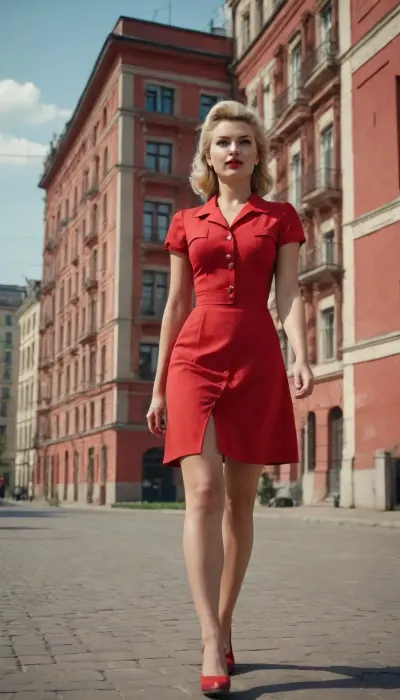 (in style of soviet propaganda poster of Stalin era), hot naughty blonde in red short summer dress walking down the street, Stalin empire style buildings in background