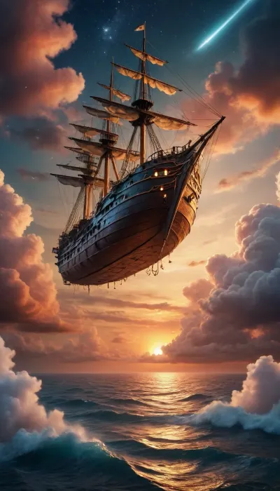 sky, clouds, sunset, stars, spirit, flying ship